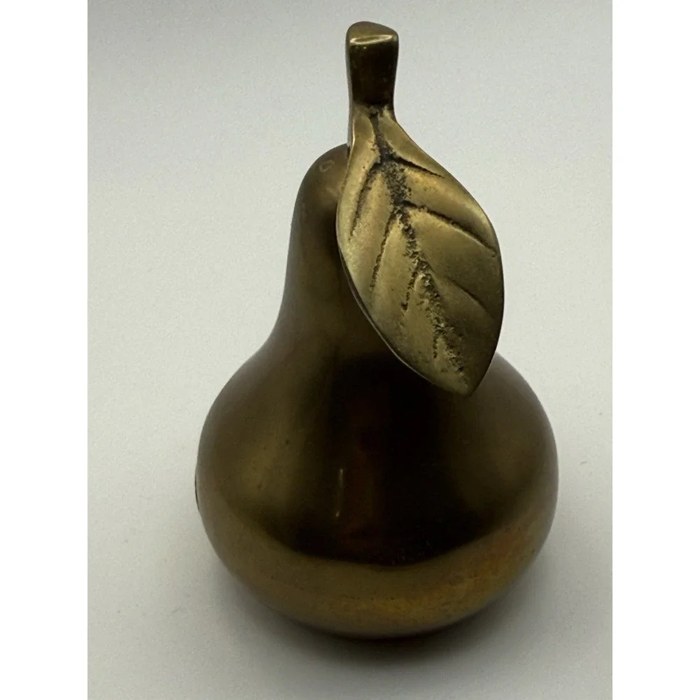 Vintage Solid Brass Pear Figurine Bell Paperweight Leaf & Stem Made Korea MCM